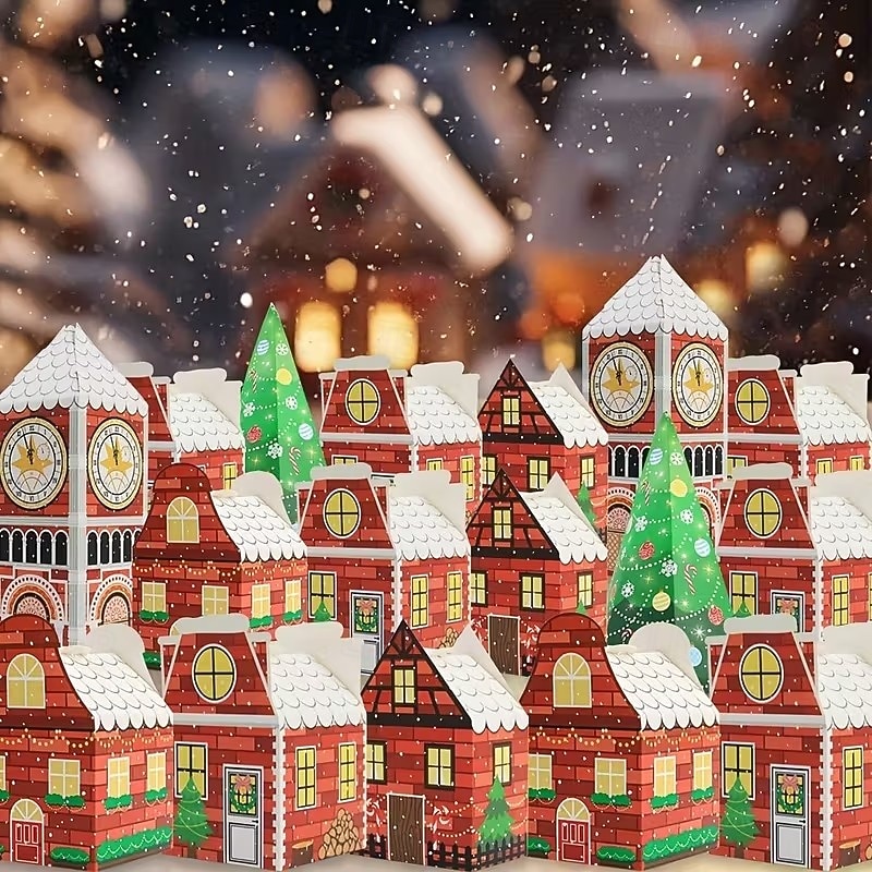 Caixa de calendário do advento de Natal com 24 peças - design de casinha de gengibre vermelha e branca com relógio dourado e cena de vila nevada, perfeita para presentes de festas de fim de ano e de 2025 por $22.99 –P4