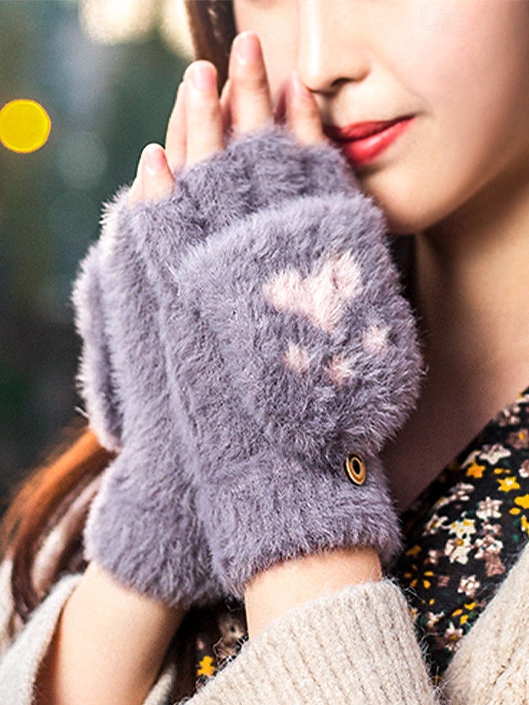 Damen-Fingerhandschuhe aus flauschigem Strick mit Katzenpfotenmuster – weicher Plüschstoff, in verschiedenen Farben erhältlich, perfekt für Winter und Freizeit. 2026 - $7.99 –P1