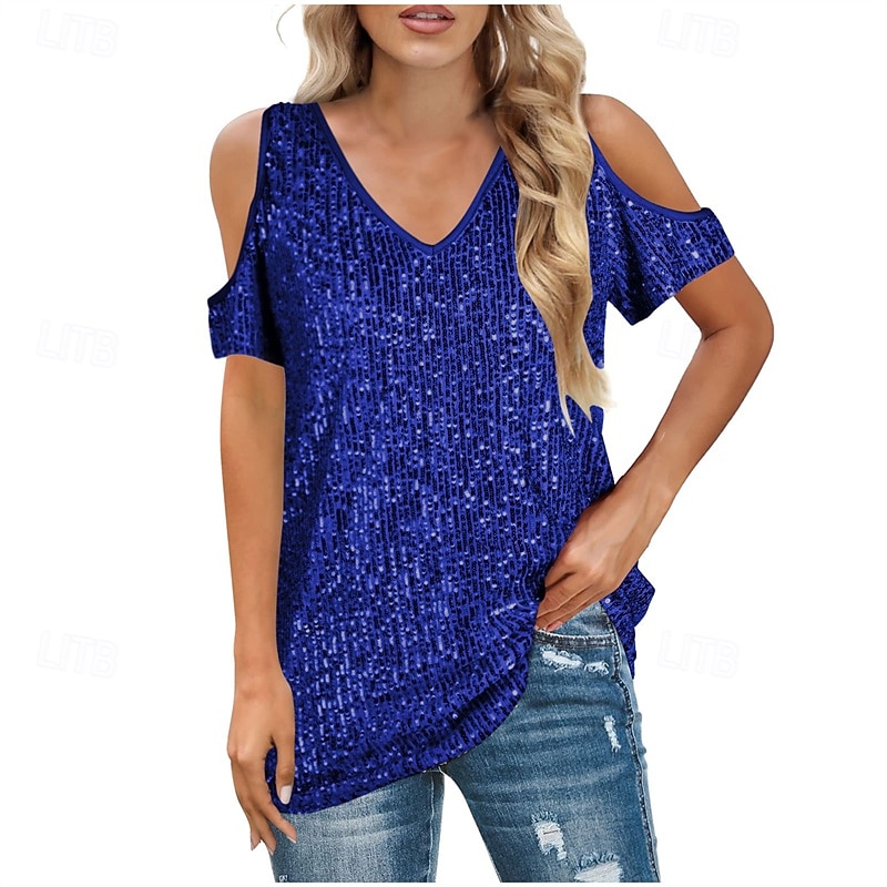 Femmes T-shirt Hauts d'été Paillettes Patchwork Couleur Unie Élégant Mode Classique Manche Courte Col en V Hauts Réguliers Quotidien Sortir Week-end Bleu Noir Blanche Jaune Rose Claire Été Printemps de 2026 ? $31.99 –P5