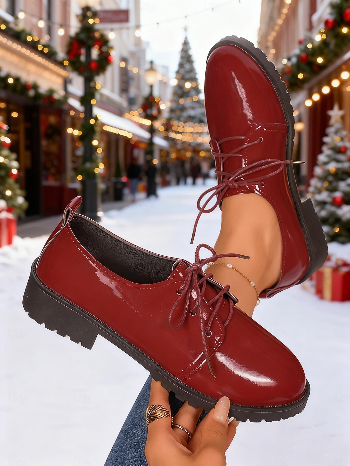 scarpe stringate stringate in similpelle verniciata bordeaux da donna: stile natalizio festoso, perfette per le riunioni di festa, le gite invernali e gli eventi stagionali del 2026 a $19.99 –P3