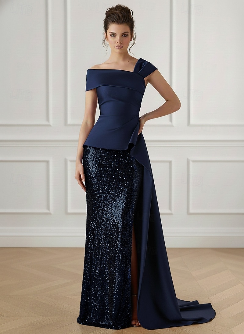 Schlauchkleid Bodenlange Schleppe Abendkleid Ballkleid mit Überrock Festliche Kleidung Elegant Promi-Stil Ärmellos Schulterfrei Gartenparty Hochzeit Stretch Satin Paillettenbesetzt mit Falten 2026 - $149.99 –P1