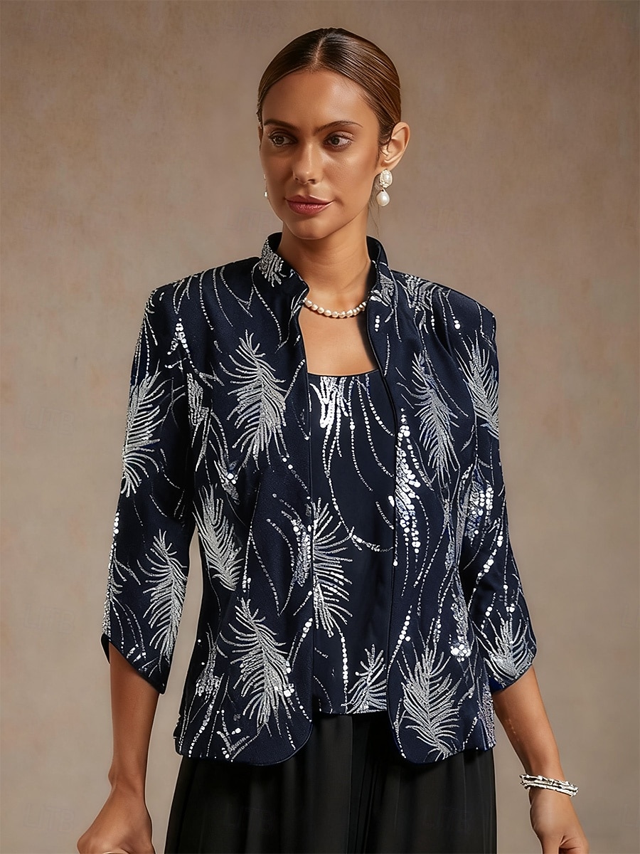 Naisten Pusero Mekkoiset topit Paljetti Kirjailtu Sulka Tyylikäs 3/4 hiha Pystykaulus Tavalliset topit Iltajuhlat Häävieras Laivaston sininen Kevät Syksy Talvi 2026 - $119.99 –P1