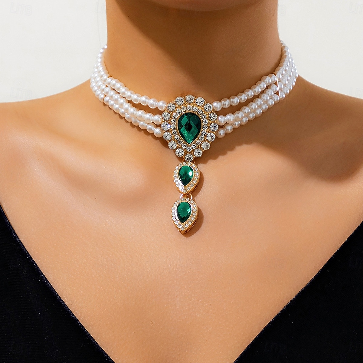 Conjunto de joias femininas com pérolas e esmeraldas - elegante colar choker e pulseira com strass para baile de gala, formatura ou festa noturna. de 2026 por $14.99 –P8