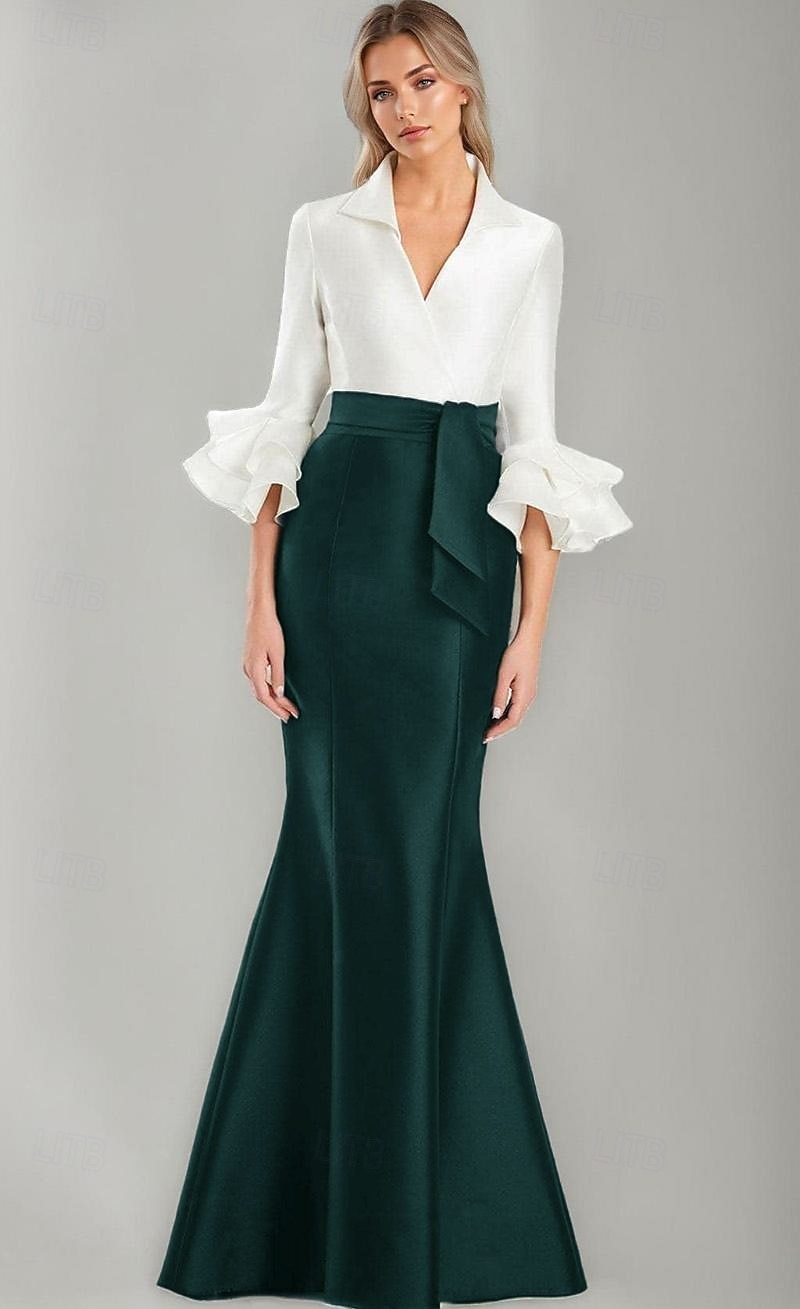 Trumpetti merenneito Kokopitkä Tanssiaismekot Iltapuku Ball Gown Muodollinen mekko Tyylikäs Juhlatyyli Silkkinen Puolihiha Paitapuserokaula-aukko Puutarhajuhlat Häät Joustava satiini kanssa Röyhelöity 2026 - $172.99 –P8