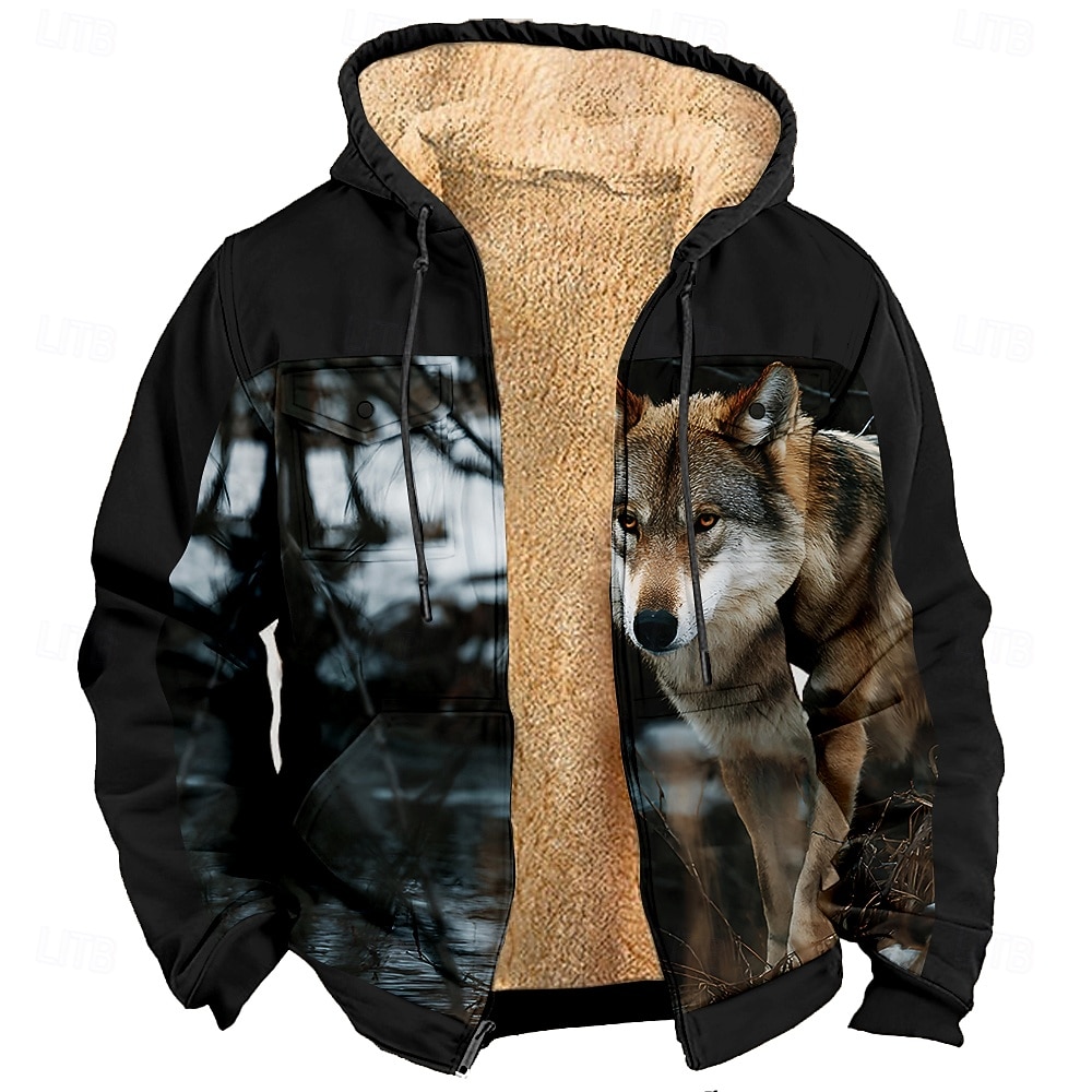 Miesten Kettu Susi Fleece Huppari Takki College Muoti Tyylikäs Päivittäin Vintage retro Hupullinen ulko- Metsästys Musta Ruskea Ruskea 2 Vetoketju Tasku Syksy Talvi Suunnittelija S M L XL XXL XXXL 2026 - $44.99 –P3