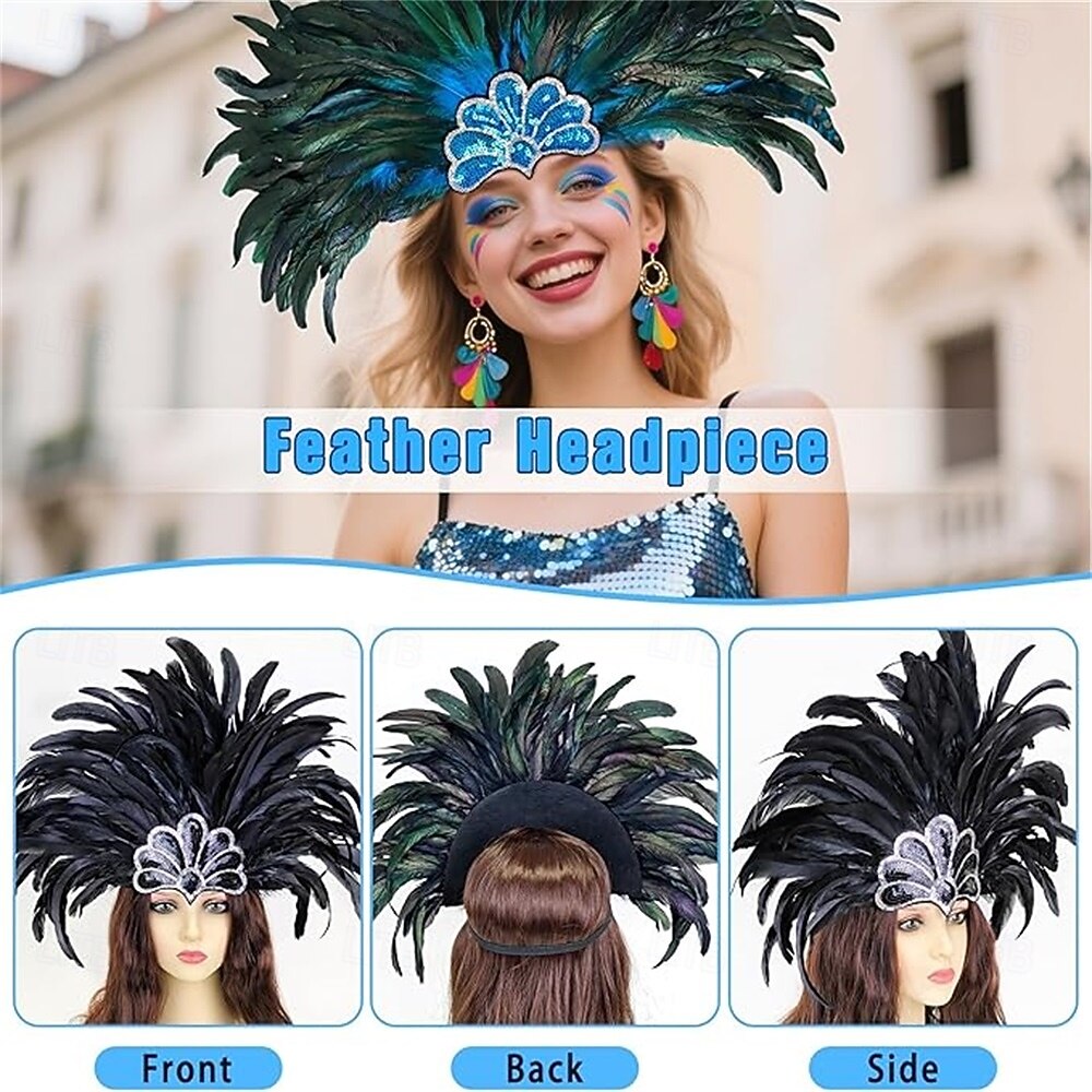 Carnival 2026 Rio Carnival Samba Accessories Peacock Blue Green Feather Headdress for Women Mardi Gras Festival Dance Accessory Brazil Festival Performance Costume 2026 - $19.99 –P5