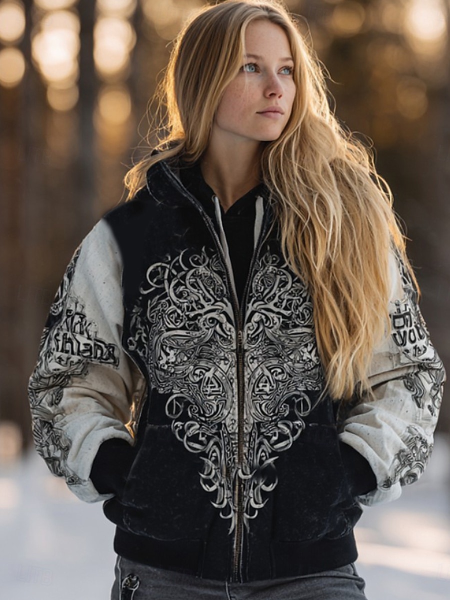 Mujer Sudaderas con cremallera Cremallera Bolsillo Estampado Graphic Plaid Moda occidental Casual Manga Larga Con Capucha Tops regulares Casual Calle Uso Diario Negro Gris Otoño Invierno 2026 - $39.99 –P1
