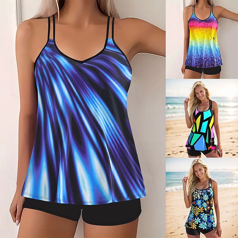 Damen Badeanzug Tankini Zweiteilig Shorts Bademode Bauchkontrolle Hohe Taille Schlank Rückenfrei Urlaub Strandbekleidung Ombre Farbblock V Ausschnitt Ärmellos Badeanzüge 2025 - $29.99 –P1