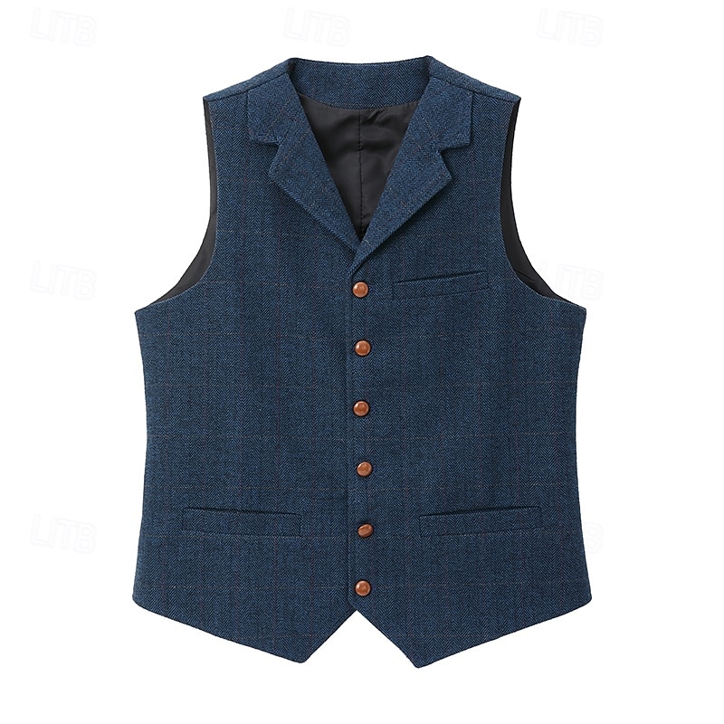 Men's Vest Tweed Vest Waistcoat Vintage Fashion Spring &  Fall Buttons Wool Blend Comfortable Plain Single Breasted V Neck Regular Fit Deep Green Navy Dark Gray Light Grey Vest 2025 - $34.99 –P2