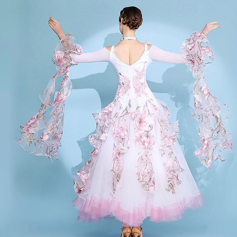 Women's Elegant White Pink Floral Ballroom Dance Dress Rhinestone Applique Off-Shoulder Waltz Tango Modern Rumba Competition Performance Gown 2026 - $371.89 –P4