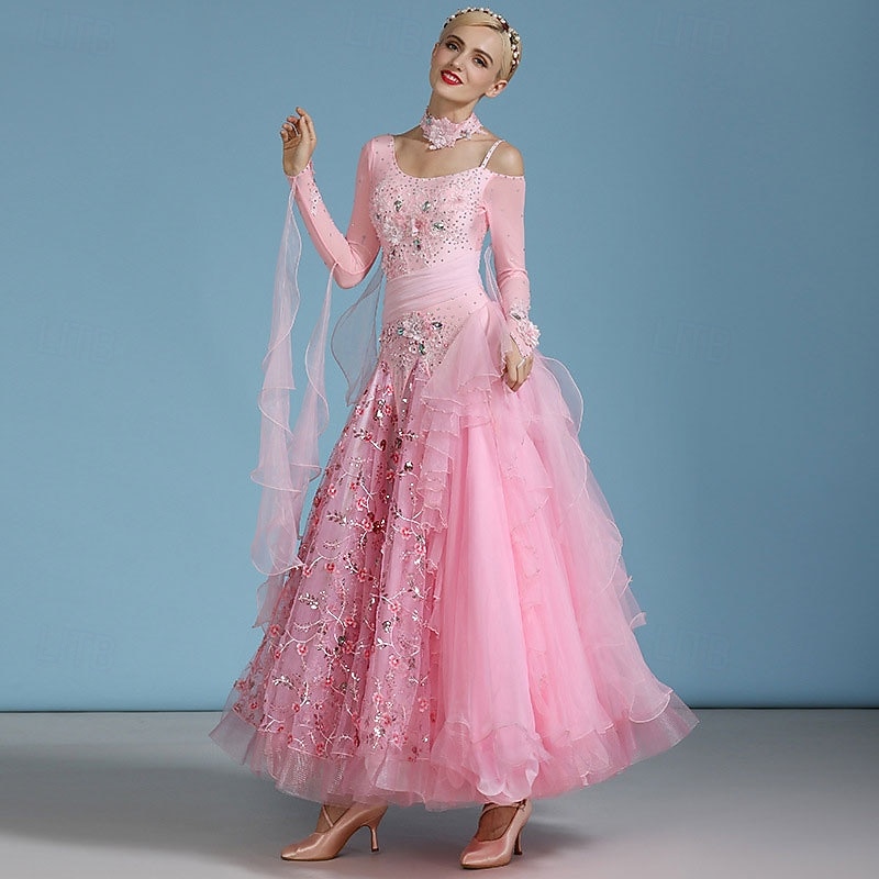 abito da ballo da sala da donna elegante rosa con paillettes e decorazioni floreali, spalle scoperte, abito da competizione per valzer, tango, rumba moderna del 2026 a $369.29 –P3