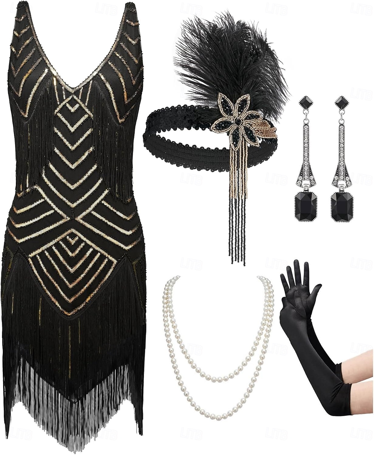 Set Roaring 20s 1920s Mini Dress Flapper Dress Outfits with Accessories Sleeveless The Great Gatsby Charleston Sequins Tassel Fringe Feather Deep V Fancy Dress Women's Carnival New Year Masquerade 2026 - $79.99 –P3