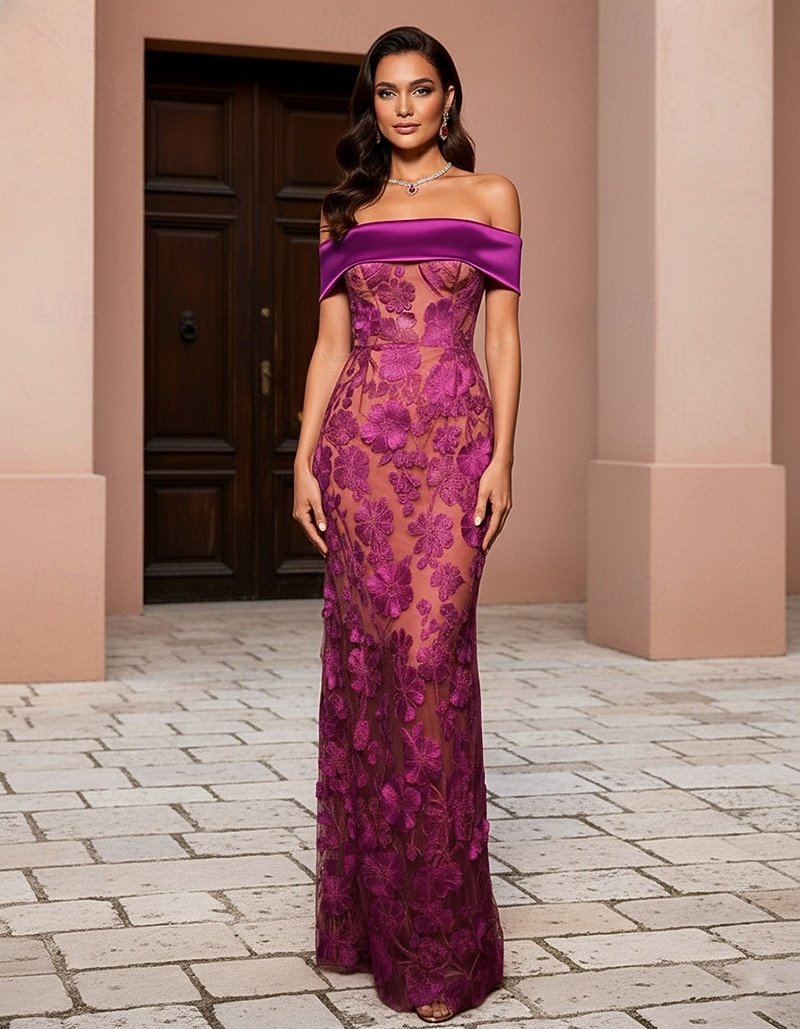 Sheath Column Floor Length Evening Gown Elegant Glittering Celebrity Style Sleeveless Off Shoulder Garden Party Wedding Lace Stretch Satin with Sheath Column Floor Length Evening Gown Elegant Glittering Celebrity Style Sleeveless Off Shoulder Garden Party Wedding Lace Stretch Satin with