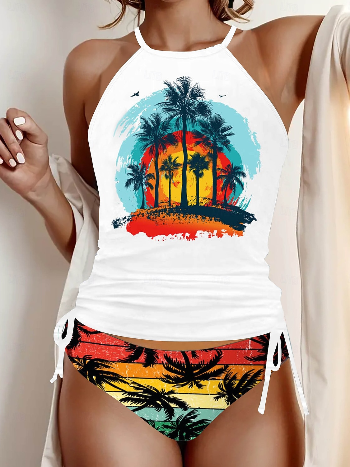 Kvinners Tankini 2 Delt Badedrakt Rynket Truser Magekontroll Høyt Liv Slank Ryggløs Ferie Strandtøy Blomster Grafisk U-Hals Ermeløse Badedrakter 2026 - $26.99 –P14