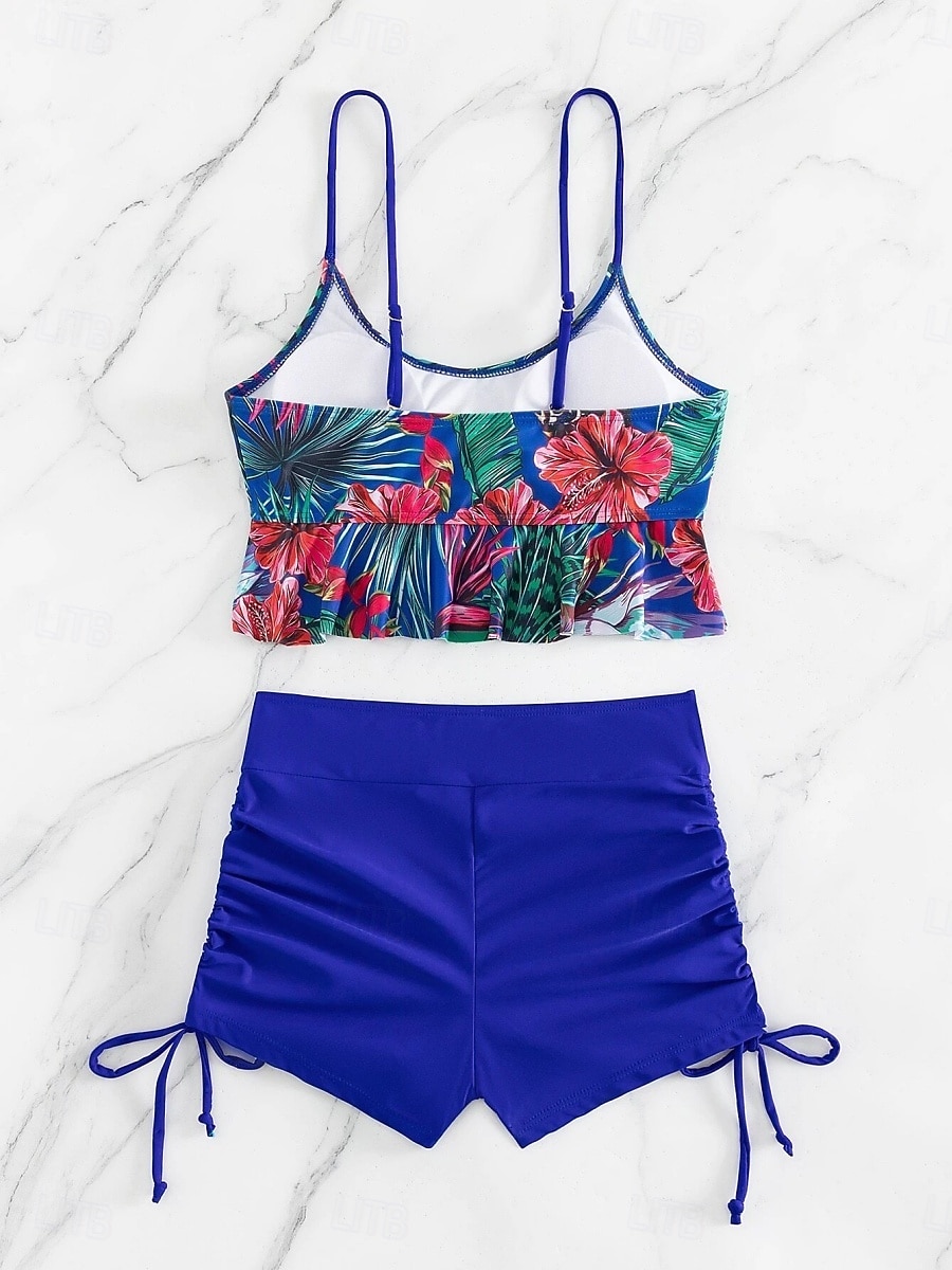 Dámský tankini 2-dílný plavecký úbor s řasením palm šortky kontrola břicha vysoký pas štíhlé bez zad dovolená plážové oblečení květinový kulatý výstřih bez rukávů 2026 - $24.99 –P14