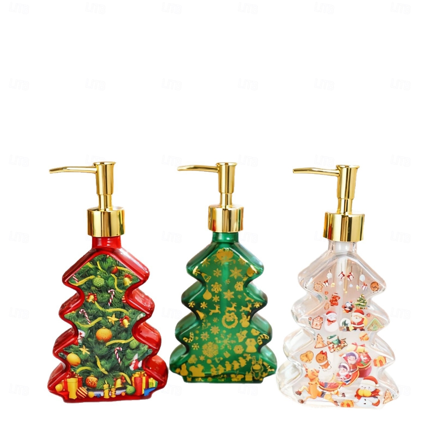 Glass Christmas Tree Hand Pump Dispenser Bottle - 300ml Red/Green Reusable Travel-Sized Soap/Lotion/Cleanser Container with Golden Reindeer Snowflake Design for Kitchen, Bathroom, Office - Durable 2026 - $6.99 –P8
