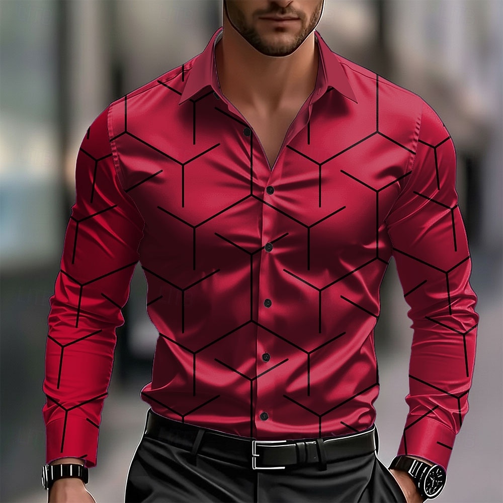Men's Geometric Pattern Line Shirt Satin Shirt Dress Shirt Long Sleeve Business Casual Vacation Dailywear Summer Spring Fall Turndown 3D Print Button Up Shirts Blue White Pink Red Green 2026 - $29.99 –P5