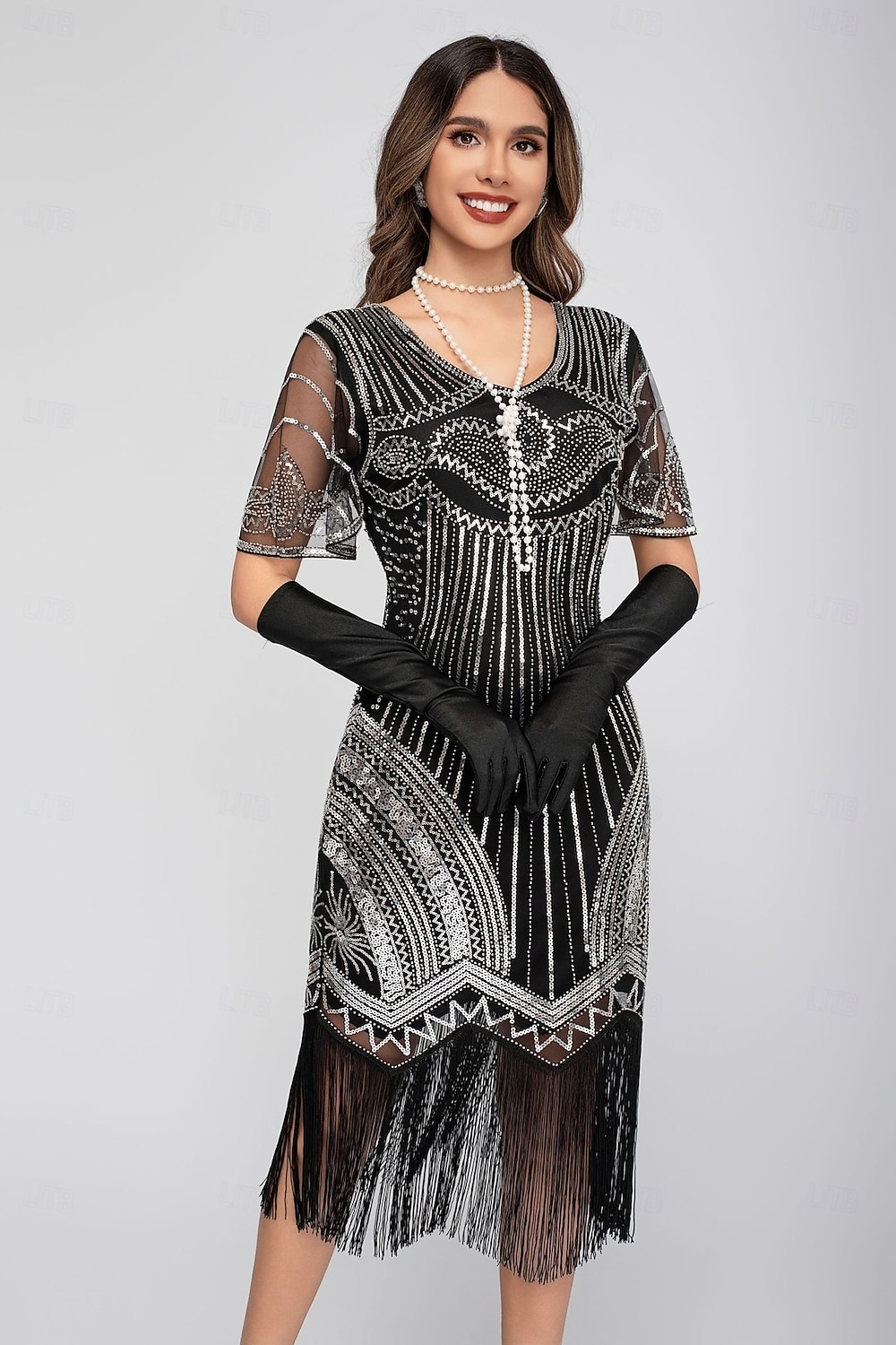 Goldene Zwanziger 1920er Knielang Flapper Kleid Kurze Ärmel Der große Gatsby Pailletten Fransen V Ausschnitt Kostüm Damen Weihnachten Karneval Flüsterkneipe Maskerade Retro-Mottoparty Erwachsene 2026 - $45.99 –P14