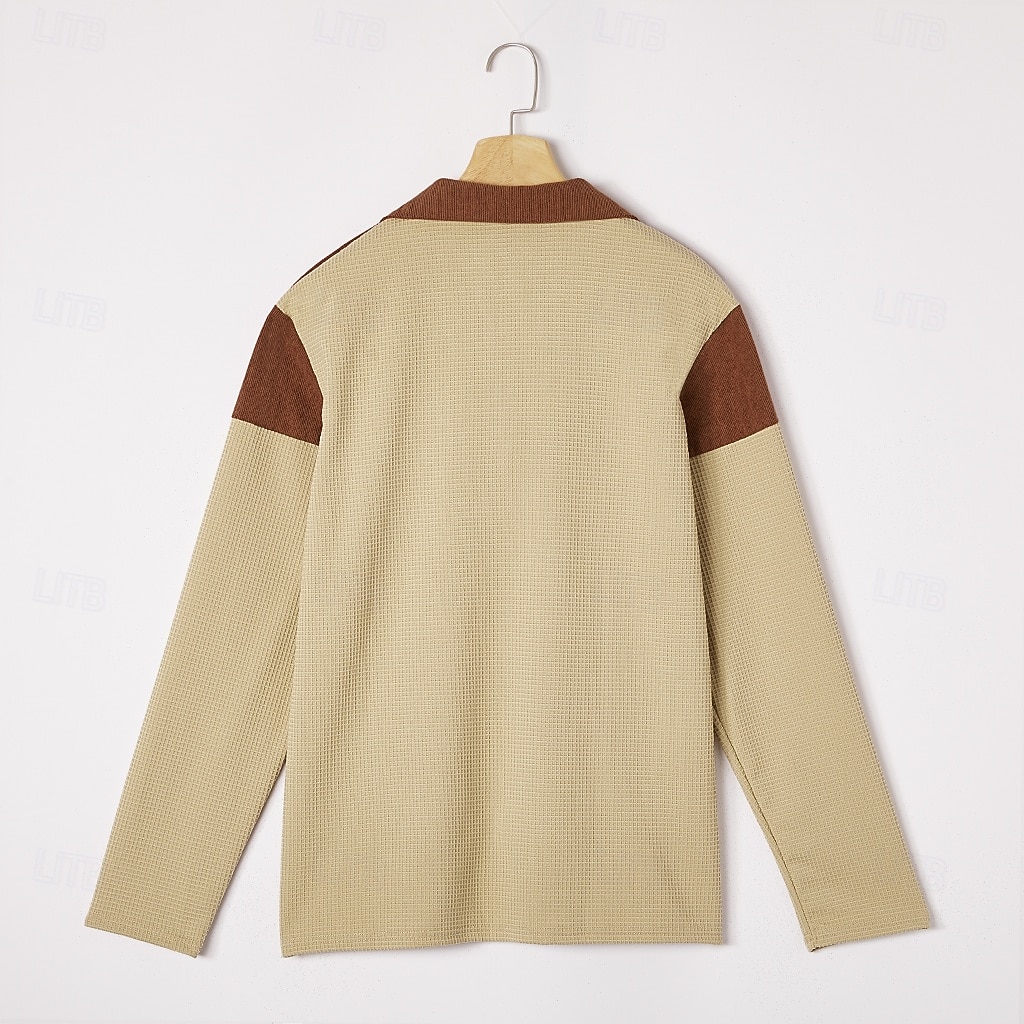 Herren Waffel-T-Shirt Langarm V Ausschnitt Revers Herbst Frühling & Herbst Einfarbig Mode Basic Lässig Farbblock Lässig Straße Sport Schwarz Marineblau Kaki Top T-Shirt für Herren 2026 - $25.99 –P8