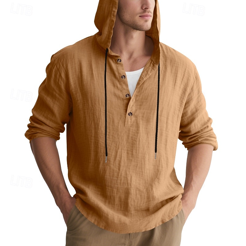 Men's Shirt Popover Shirt Summer Shirt Casual Shirt Beach Shirt Black White Yellow Navy Blue khaki Long Sleeve Solid Color Hooded Vacation Casual Drawstring Clothing Apparel Fashion Casual Comfortable 2026 - $28.99 –P32