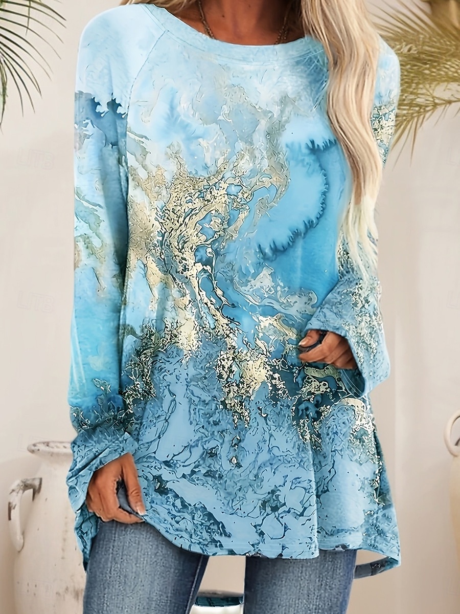 Naisten T-paita Painettu Kuvitettu Geometria Vintage Tyylikäs Vapaa-aika Pitkähihainen Tiukka pyöreä kaula-aukko Pitkät topit Päivittäin Sininen Purppura Apila Syksy Talvi 2026 - $26.99 –P1