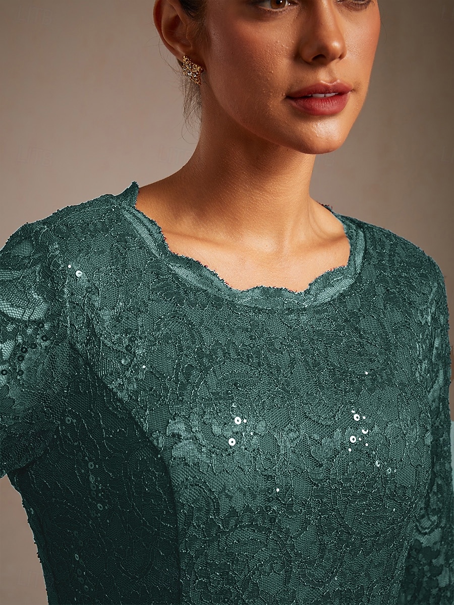 Mulheres Vestido midi Vestido de chiffon Elegante Convidado do casamento Coquetel Festa de Chá Paetês Renda Côr Sólida Manga 3/4 Gola Redonda Verde Esmeralda de 2026 por $103.99 –P3