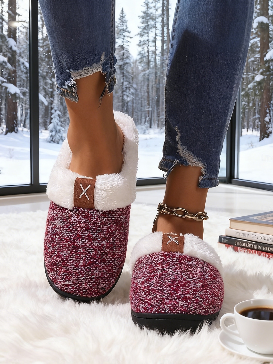 Pantuflas de invierno cálidas de punto para mujer: zapatos de interior con forro polar de felpa y parte trasera completa con suela antideslizante para el hogar y el dormitorio 2026 - $11.99 –P4