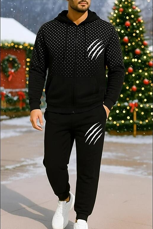 Новогодняя тематика Муж. Спортивный костюм из двух частей Толстовка с капюшоном для отдыха Толстовка на молнии Полный почтовый индекс с карманом Геометрический принт Наборы одежды Весна Черный Винный 2025 - $45.99 –P5