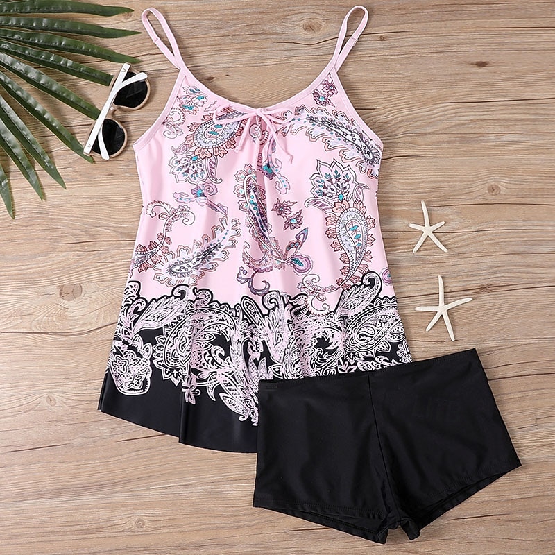 2026年 女性用 スイムウェア 2ピース ショーツ 水着 バックレス 旅行度假风 ビーチウェア フラワー グラフィック Ｕネック ノースリーブ 水着  コレクション – $28.99 –P6