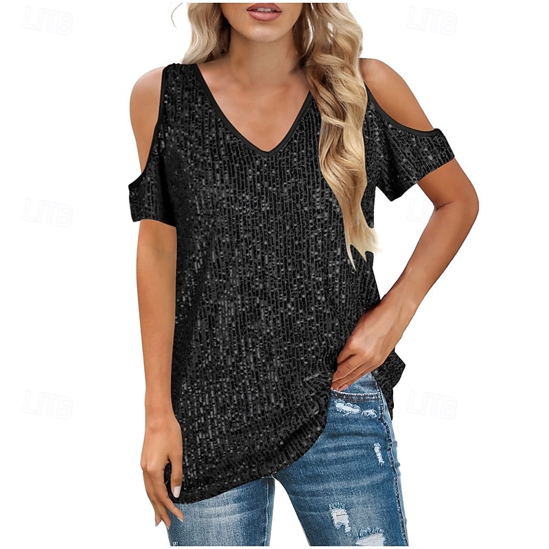 Femmes T-shirt Hauts d'été Paillettes Patchwork Couleur Unie Élégant Mode Classique Manche Courte Col en V Hauts Réguliers Quotidien Sortir Week-end Bleu Noir Blanche Jaune Rose Claire Été Printemps de 2026 ? $31.99 –P2