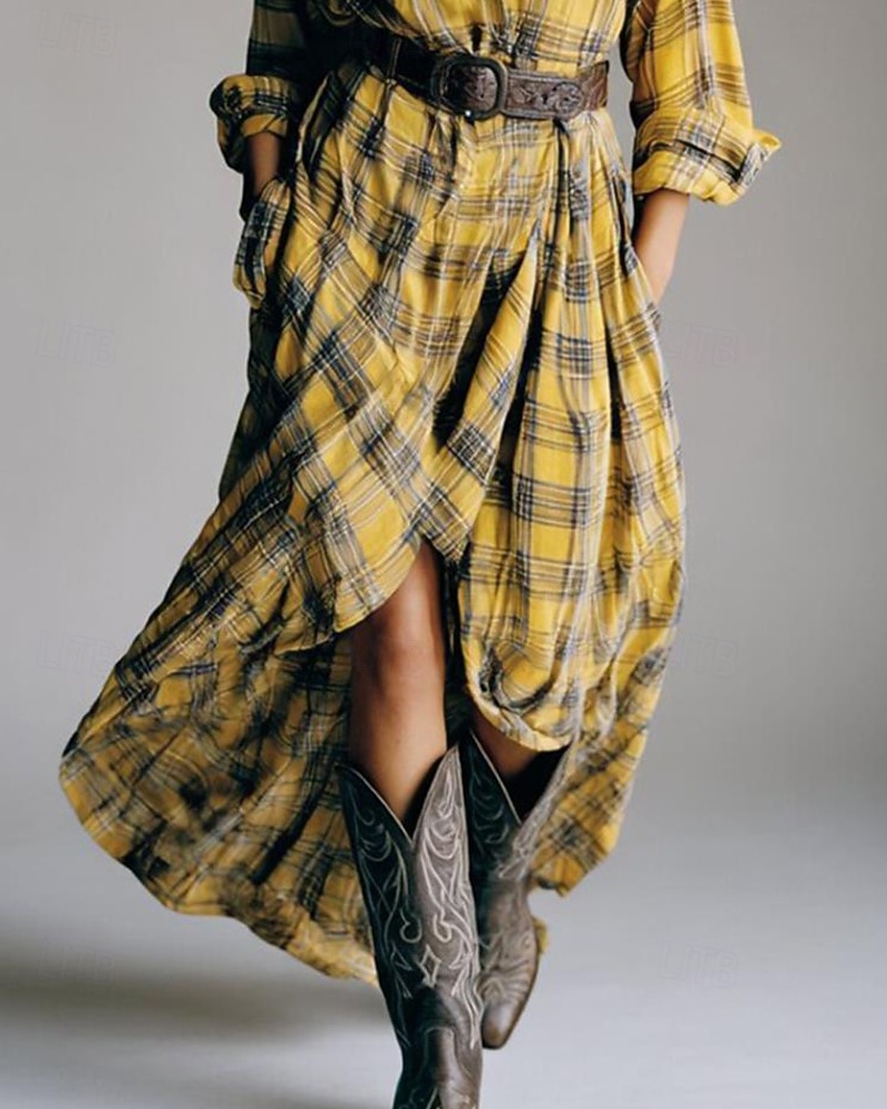 Mujer vestido largo vestido largo Vestido de cuadros Vestido de Camisa Vintage Moderno Exterior Vacaciones Noche Holgado Plaid Manga Larga Cuello Camisero Amarillo Rojo Primavera Otoño 2026 - $38.99 –P2