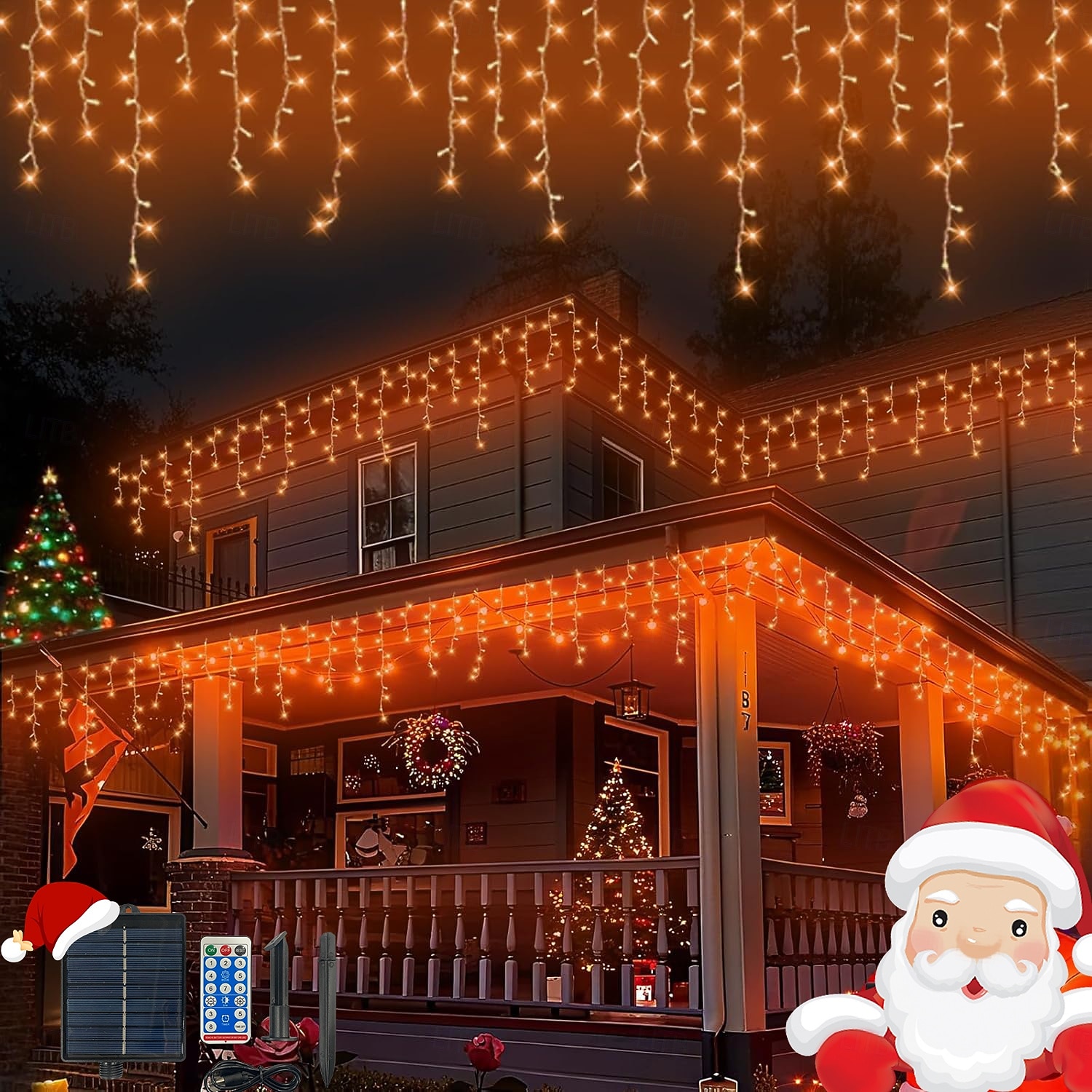 Solcellsdrivna vattentäta julispljus 10 meter 400 lysdioder 48 droppar 8-funktions timer fjärrkontroll genomskinlig tråd anslutningsbar ljusslinga innergård balkong träd veranda takfot dekorativa ljus 2025 - $31.99 –P15