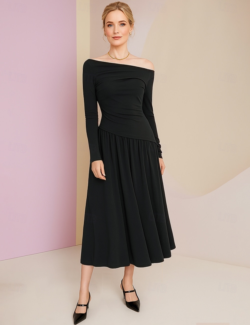 A-Linie Knöchellanges Partykleid Cocktailkleid Hochzeitsgastkleid Brautmutterkleid Langarm Schiffsausschnitt Elegantes Vintage-Party Baumwollmischung mit Falten 2026 - $149.99 –P4