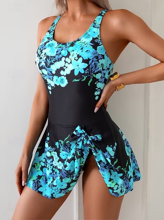 Maiô Feminino de Uma Peça com Saia Roupas de Praia de Férias Floral Gráfico Decote U Sem Mangas de 2026 por $49.99 –P2