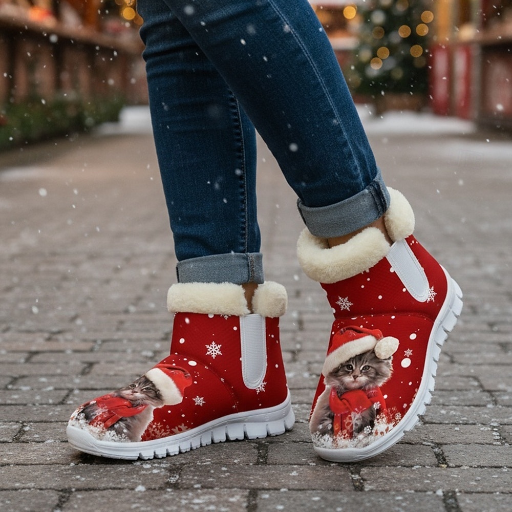Botas femininas natalinas quentinhas com forro de pele e estampa fofa de Papai Noel com gatinho – estilo aconchegante de inverno, sola leve antiderrapante, perfeitas para festas de fim de ano, passeios ao ar livre, uso casual e para presentear no Natal. de 2025 por $59.99 –P2