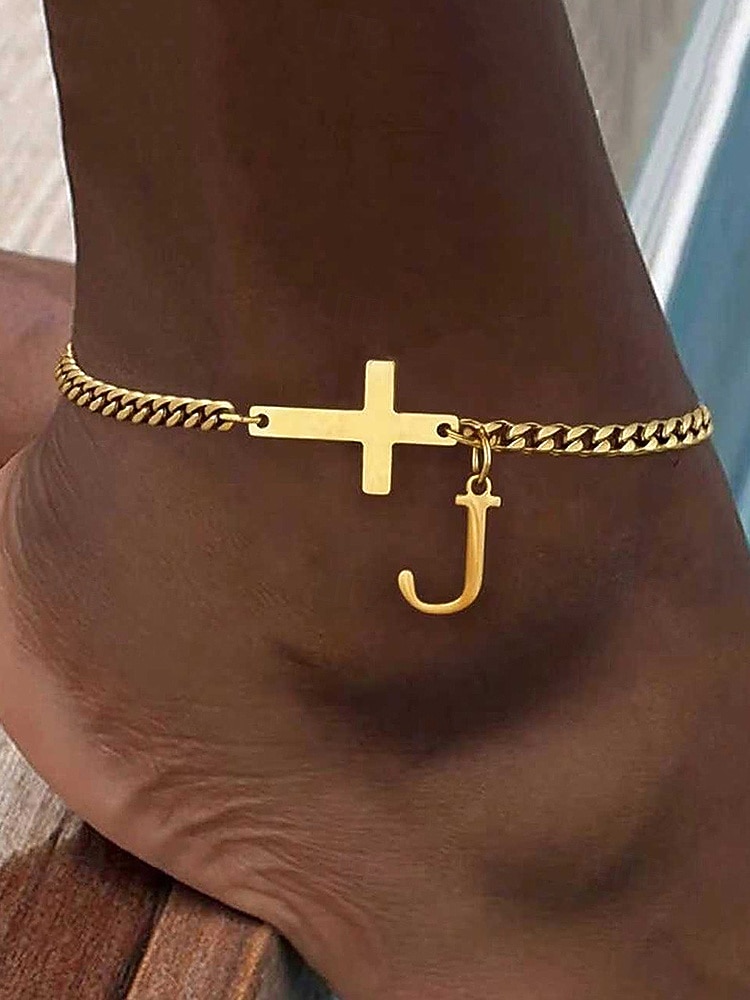 Tobillera personalizada para mujer en acero inoxidable con dijes de letras del alfabeto, diseño de cruz y letras, ideal como regalo de Navidad. Disponible en 26 letras. 2026 - $7.99 –P1