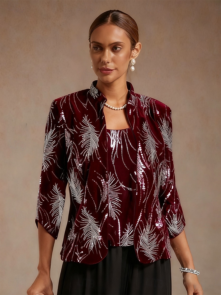Mulheres Blusa Tops elegantes Paetês Bordado Pena Elegante Manga 3/4 Colarinho Mandarim Tops regulares Festa de Noite Convidado do casamento Vinho Primavera Outono Inverno de 2026 por $119.99 –P1
