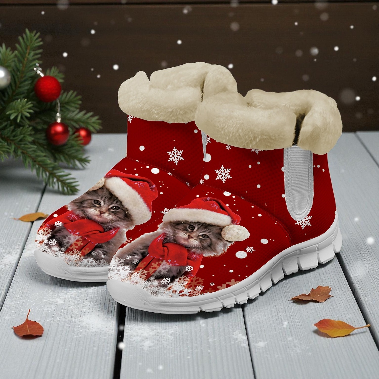Botas femininas natalinas quentinhas com forro de pele e estampa fofa de Papai Noel com gatinho – estilo aconchegante de inverno, sola leve antiderrapante, perfeitas para festas de fim de ano, passeios ao ar livre, uso casual e para presentear no Natal. de 2025 por $59.99 –P4