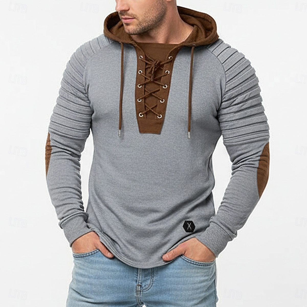 Hommes T-shirt Chemise à Manches Longues Chemises pour hommes avec coudières manche longue À capuche Toutes saisons Bloc de Couleur Slim Plissé Mode Designer Basique À lacets Patchwork Occasionnel de 2026 ? $24.99 –P1