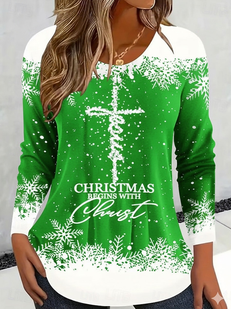 Χριστουγεννιάτικα γυναικεία T-shirt γραφικά vintage μόδας στυλάτο μακρύ μανίκι crew neck στρογγυλή στολή κανονικά μπλουζάκια καθημερινής εκτύπωσης Σαββατοκύριακου μαύρο χρυσό καλοκαίρι άνοιξη 2026 - $6.49 –P6