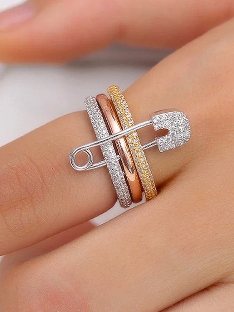 Dámský vánoční měděný prsten - elegantní tříbarevný design s čirými kameny, ideální jako sváteční dárek, slavnostní a stylový doplněk pro běžné i formální příležitosti 2026 - $11.99 –P2