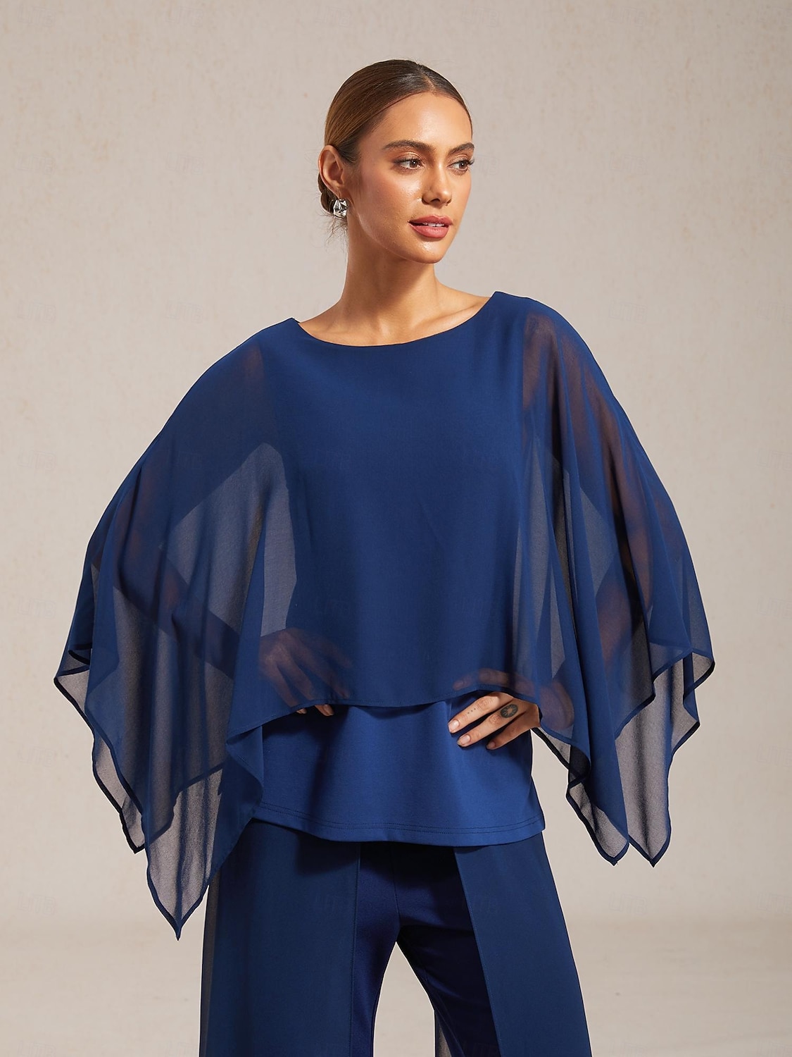 Top da donna in chiffon modal blu royal con scollo rotondo e maniche a mantella, elegante, alla moda, lussuoso, casual, per le vacanze, primavera, estate, autunno del 2026 a $79.99 –P6