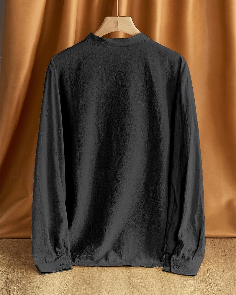 Per uomo Camicia Camicia di lino Camicia popover Camicia casual Camicia di cotone Semplice Vacanza Camicia hawaiana Nero Bianco Cachi Verde militare Manica Lunga Colletto alla coreana Primavera del 2025 a $24.99 –P15