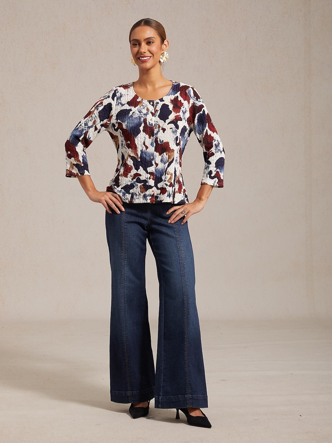 camicetta da vacanza con stampa a pennello e scollo tondo elasticizzato del 2025 a $72.99 –P2