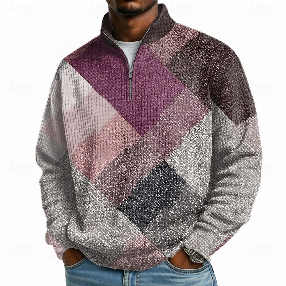 Homme Géométrique Plaid Gauffré Sweatshirt Mode Quotidien Classique Occasionnel Col montant Zip quart Extérieur Maison Bureau Travail Bleu Violet Vert Kaki Zip Up Automne Hiver Designer S M L XL XXL de 2026 ? $28.99 –P4