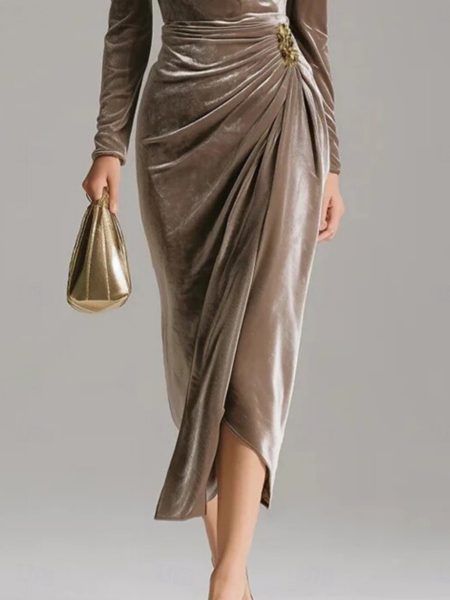 Weihnachten Damen Midikleid Etui-Kleid Elegant Party Cocktail Outdoor Party Hochzeitsgast Patchwork Schlank Einfarbig Langarm Wasserfallausschnitt Fuchsie Braun Grün 2026 - $51.99 –P5