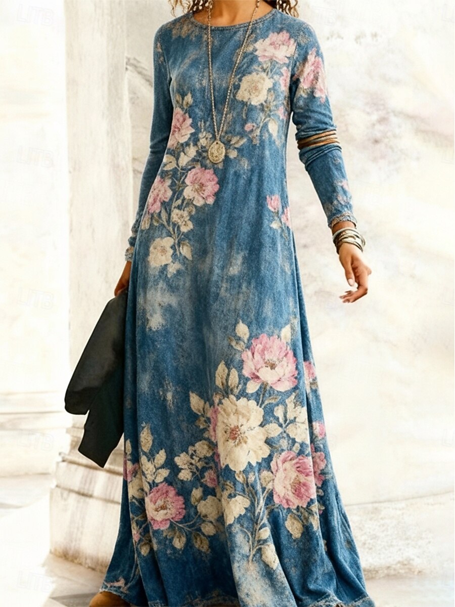 Women's Long Dress Maxi Dress Casual Dress Swing Dress Boho Dress Vintage Daily Outdoor Weekend Regular Fit Floral Long Sleeve Crew Neck Blue Spring Fall Winter 2026 - $34.99 –P1