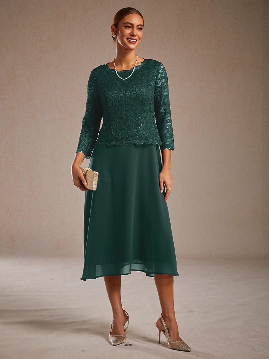 Mulheres Vestido midi Vestido de chiffon Elegante Convidado do casamento Coquetel Festa de Chá Paetês Renda Côr Sólida Manga 3/4 Gola Redonda Verde Esmeralda de 2026 por $103.99 –P6