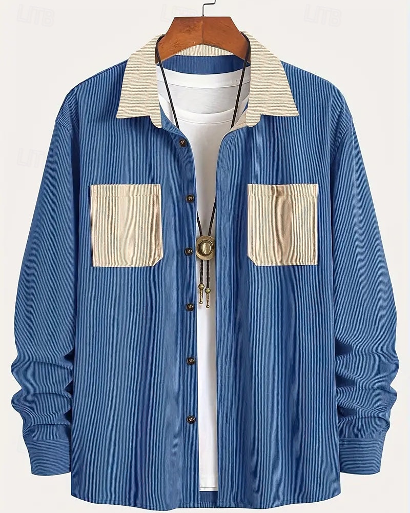 Per uomo Camicia Camicia casual Camicia di Velluto a Coste Camicia con Bottoni Blu Nero Verde militare Grigio Manica Lunga Blocco di colori Collo ripiegato Vacanza Casuale Tasche Multiple del 2026 a $25.99 –P6