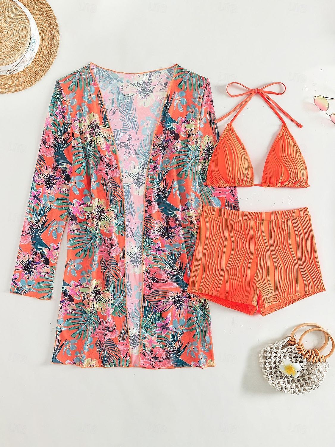 Damen Bikini 3-teilig Badeanzug Palm Shorts Bauchkontrolle Hohe Taille Slim Rückenfrei Urlaub Strandbekleidung Blumen Halterhals Ärmellose Bademode 2026 - $33.99 –P4